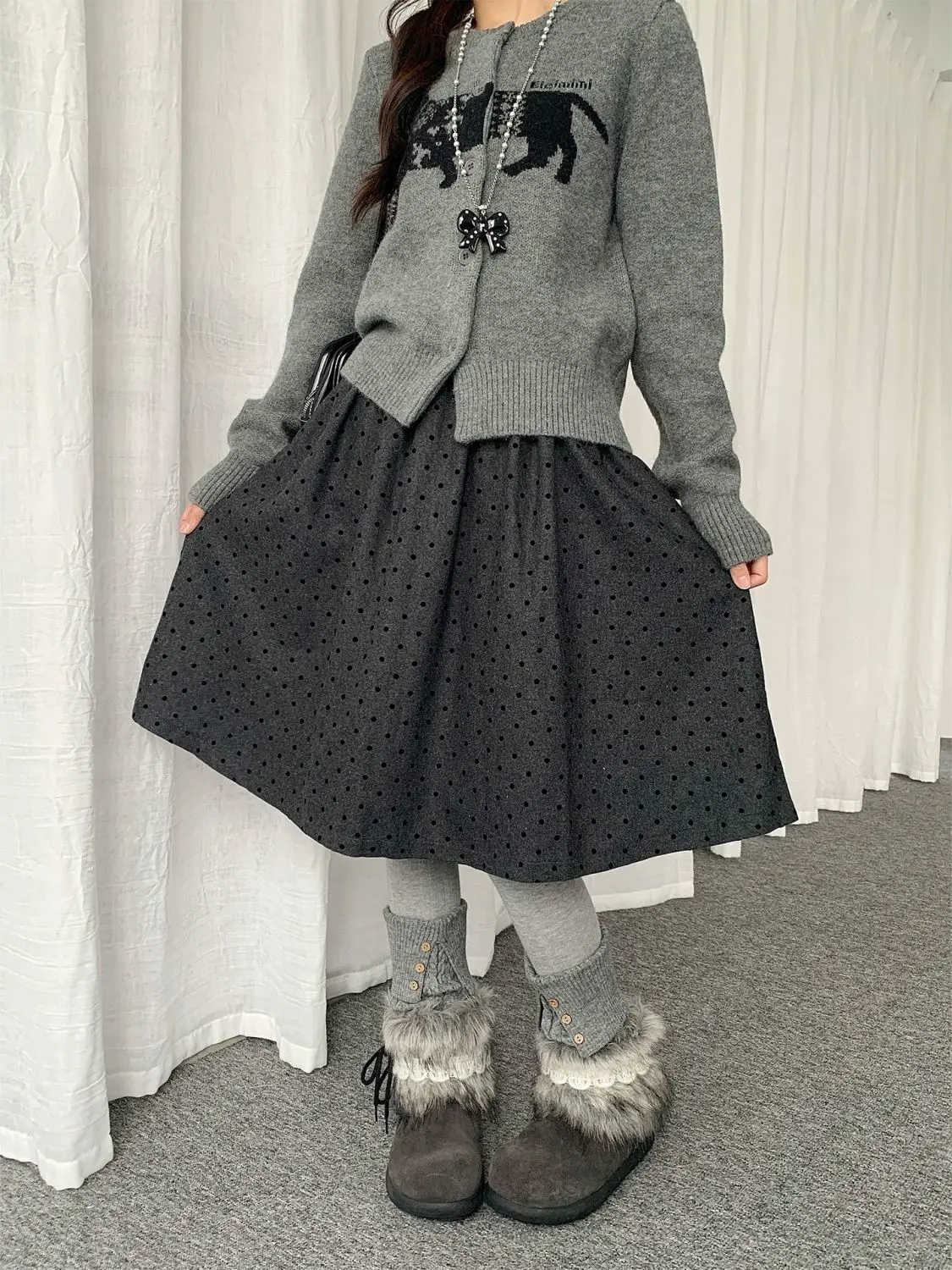 High Waist A-Line  Skirt for Women in Grey Polka Dot Woolen Fabric plus Size Casual Autumn Winter New Arrival