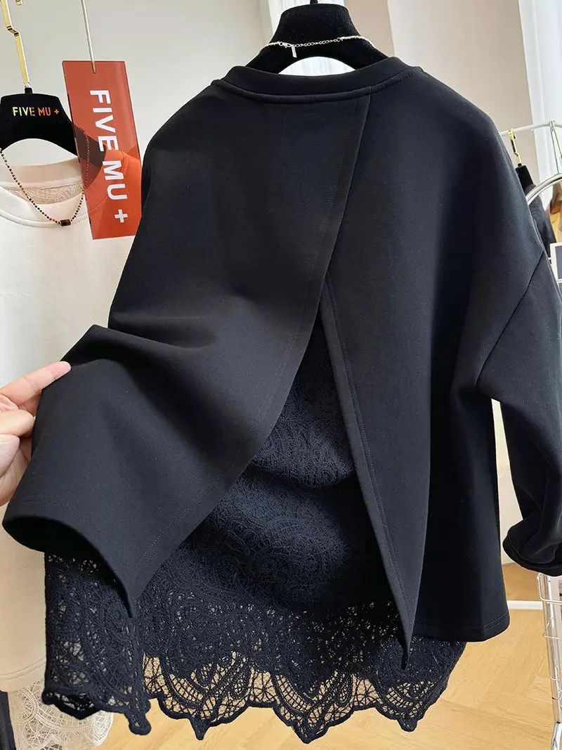 New Style Lace Splicing Fake Two-piece Pullover O Neck Sweatshirt For Women Spring Autumn Loose Top Fashion Casual Solid Hoodie