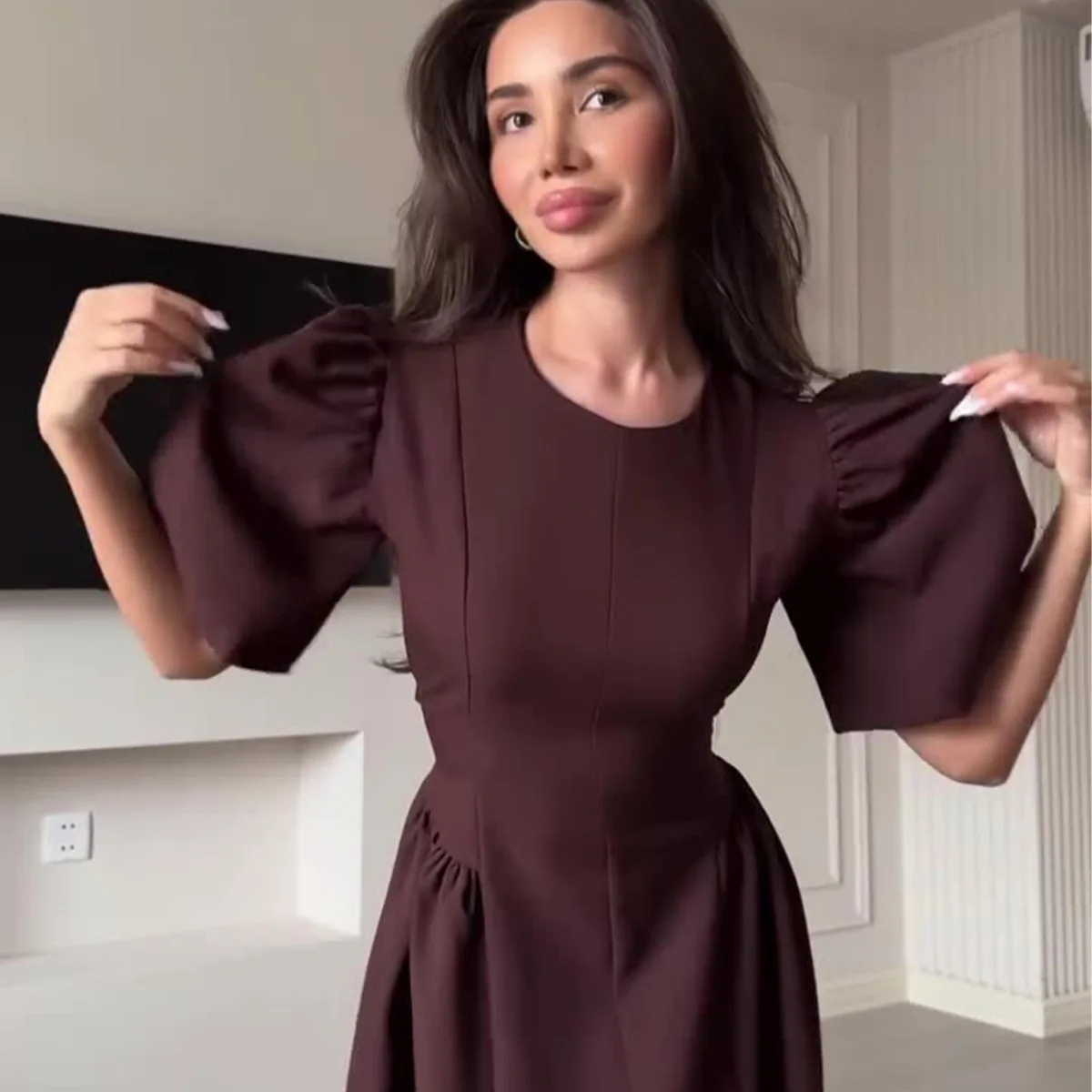 

2026 Spring New Elegant Women's Dress With Round Neck, Short Sleeves, And Flared Hem Abaya Ramadan Dubai Luxury Islam Elegant
