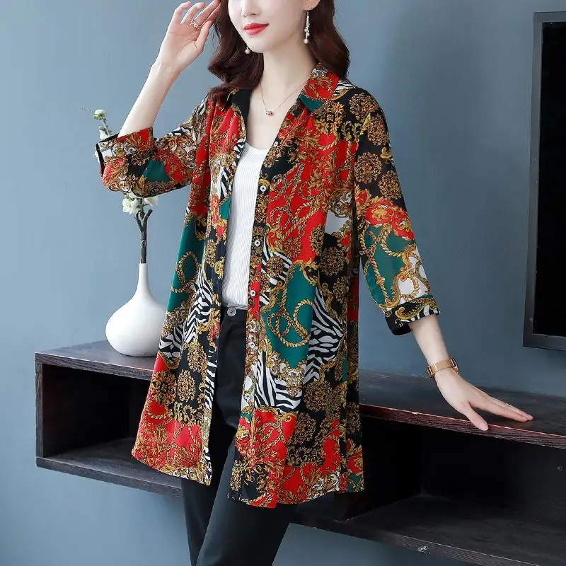 

2023 Spring New Printed Oversized Women's Clothing Medium and Long Polo-Neck Single-breasted Loose Commute Simplicity Blouse