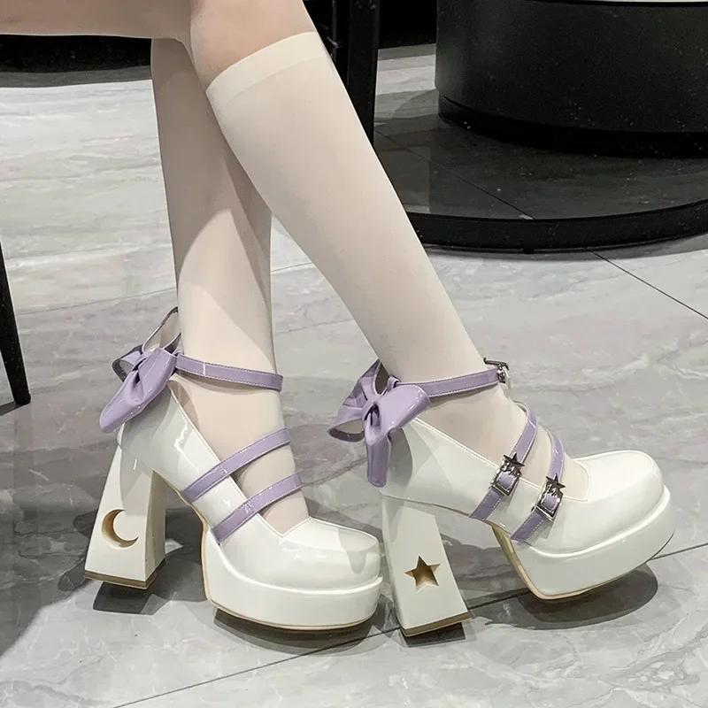 2024 Lolita Schoenen Platform Mary Jane Schoenen Ster Gesp Band Vrouwen Pumps Gekruiste Pu Leren Meisjes Klinknagel Vrijetijdsschoenen Kawaii