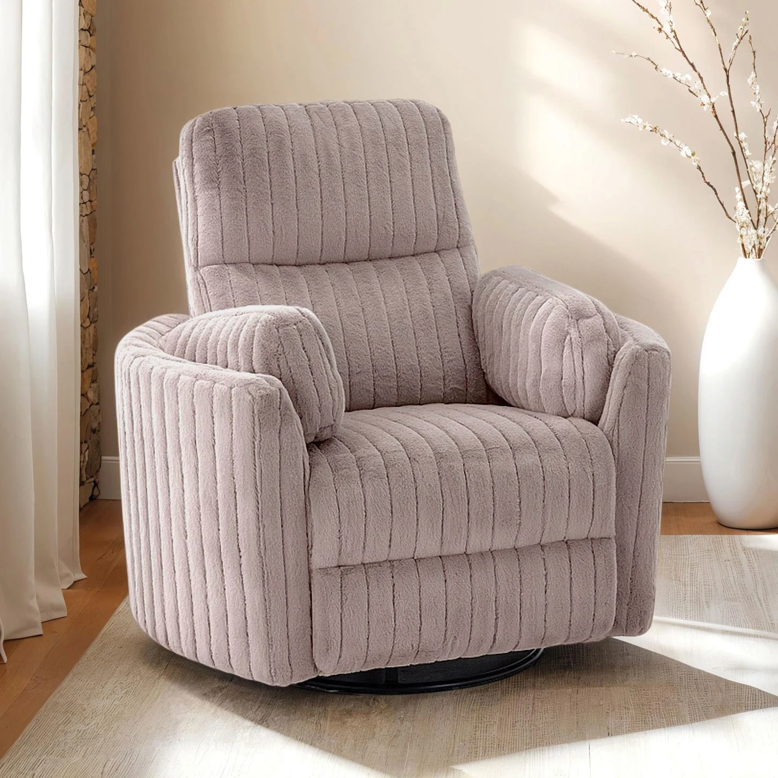 !@Power Glider Recliner W/ Swivel Curved Arms Pillow Fill Swivel Chair Contemporary Primary Living Room