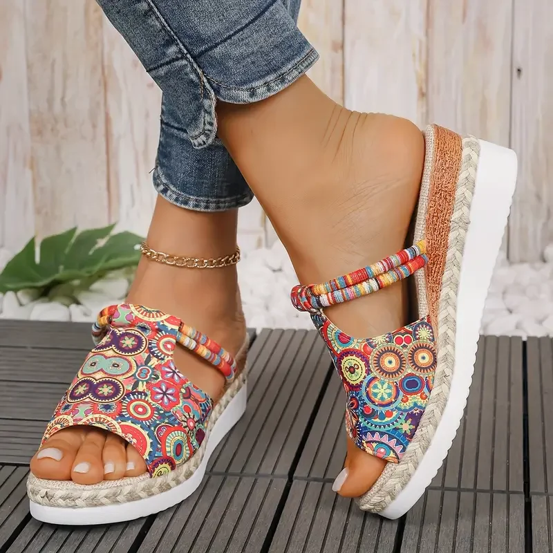 Women's Skull Printed Sandals, Colorful Woven Seaside Slide Platform Shoes, Halloween Comfort Wedge Beach Slide