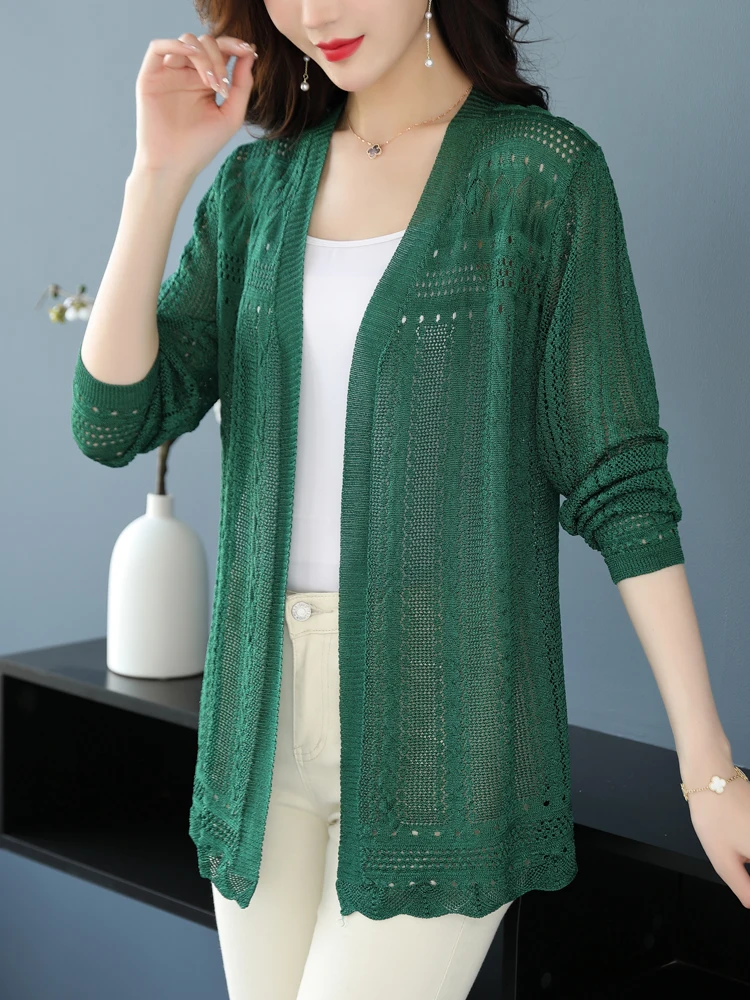 

Solid Female Cardigans Sweater Summer Long Sleeve Hollow Thin Knitted Sweaters Women Solid Long Cardigan