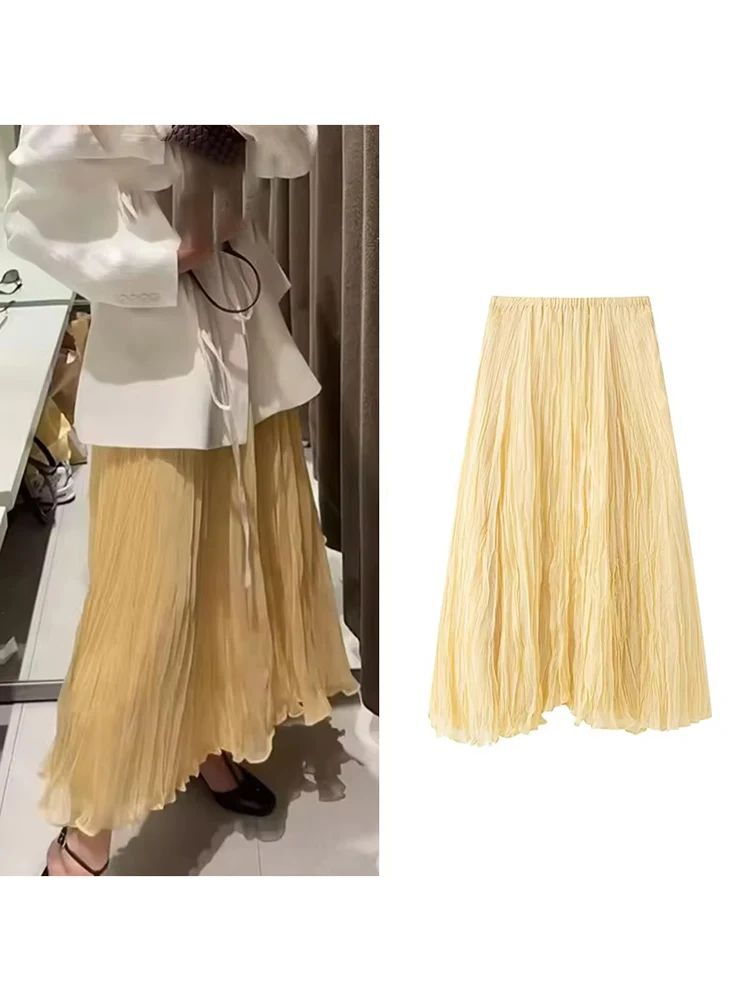 

mode femmes jupes plissées 2025 été Chic casual taille élastique solide jupes douces dames haute rue jupes