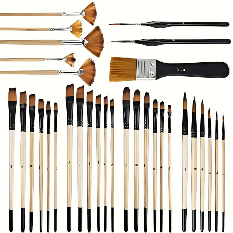32PCS/Pack Nylon Paint Brush Set Wooden Handle for Acrylic Oil Watercolor Painting Round Flat Fan Angled Tip Artist Supplies ZYF