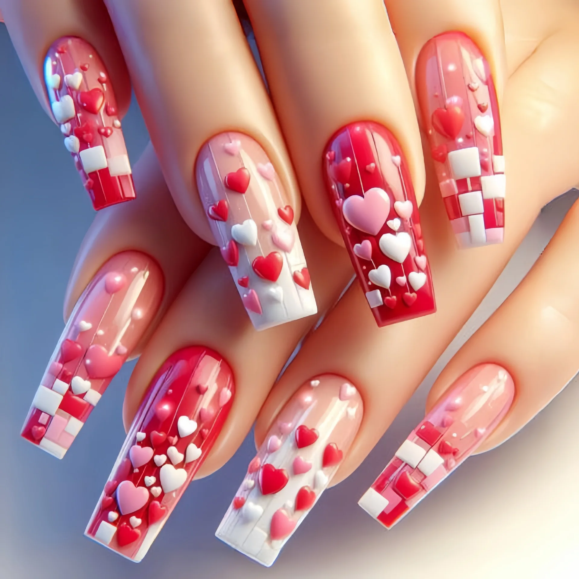 Lange, quadratische Nagelspitzen in Rosa und Rot mit Farbverlauf, zum Aufkleben, künstliche Nägel für Valentinstag, Hochzeit, glänzendes Nagelkunst-Set