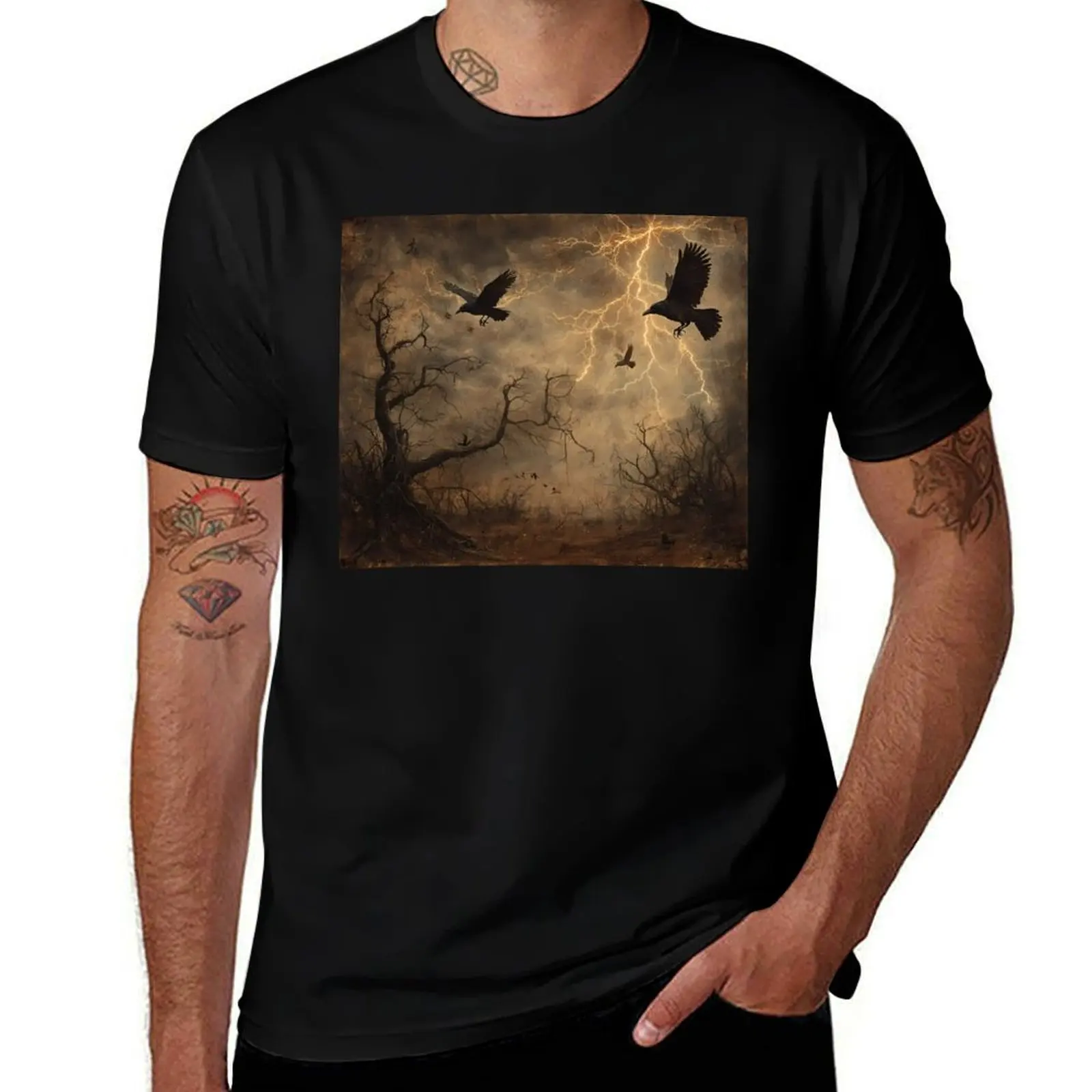 Vintage Washed Crows Flying Through a Stormy Sky Over a Barren Landscape - Halloween Core T-Shirt