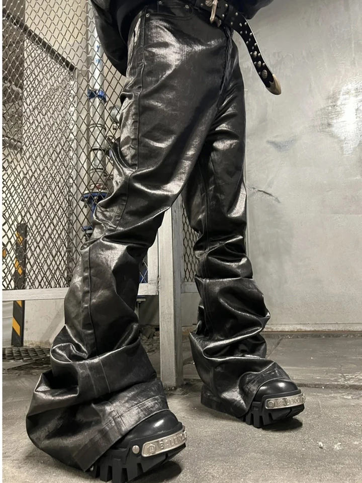 High Street Wide Leg Glossy Pu Leather Pants Sashes Boot Cut Men