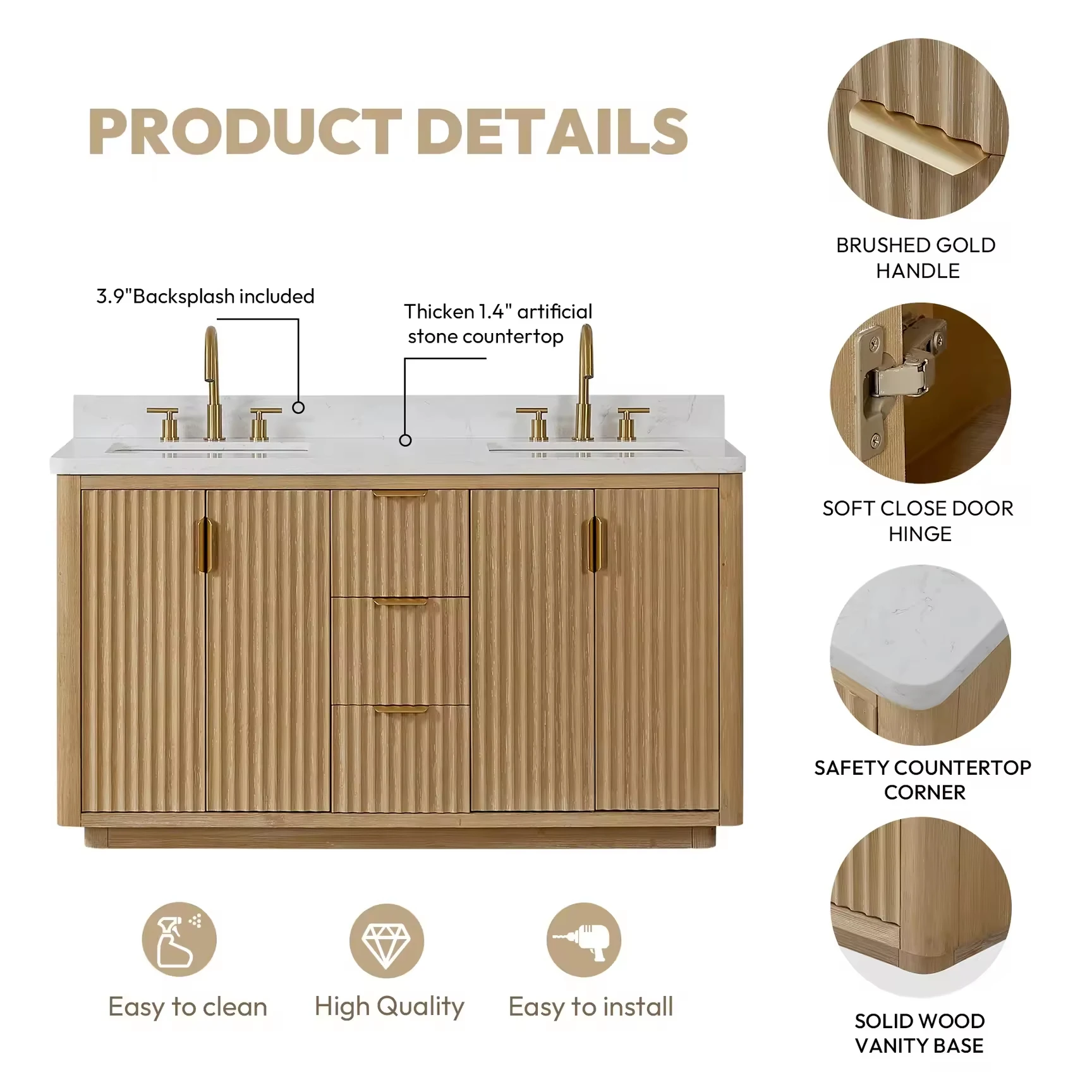 Modern 24-84 Inch Solid Oak Wood -Standing Bathroom Vanity Water-Resistant Cabinet with Drawers for Bedroom Living Room Usepromo