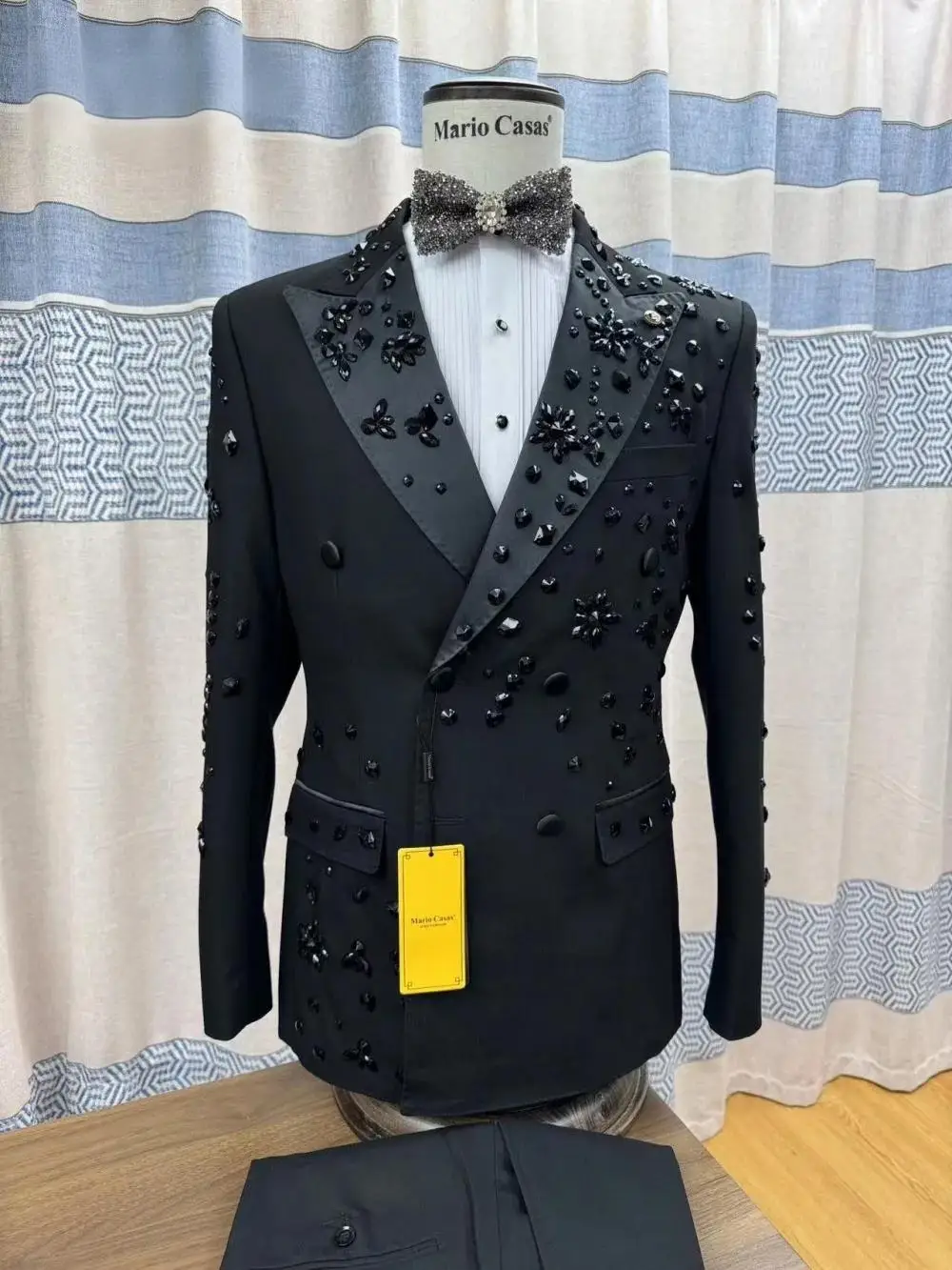 Handsome Black Crystals Wedding Suit Set Elegant Men's Suit Stylish Double Breasted Peak Lapel Jacquard Clothing Customized Suit