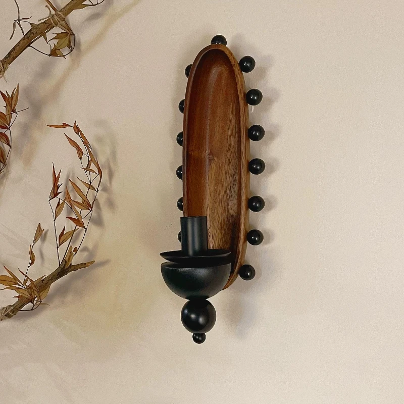 Vintage Wooden Wall Candle Holder Wabi Sabi Solid Timber Hanging Ornament Living Room Rustic Niche Pendant Unique Home Decor Art
