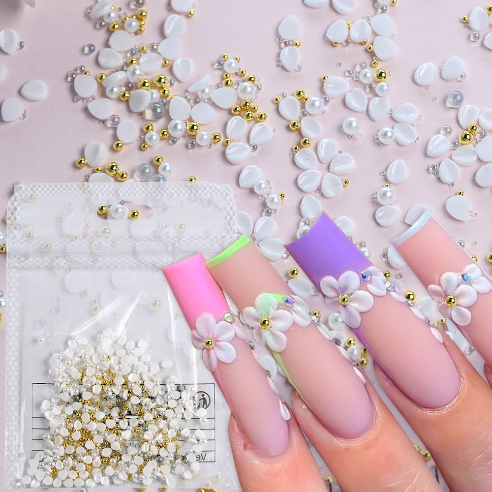 300 قطعة الوردي الأبيض نحت البتلة مسمار السحر زهرة اللؤلؤ مختلط الذهب الصلب الكرة مانيكير اكسسوارات الراتنج الأزهار مسمار الديكور