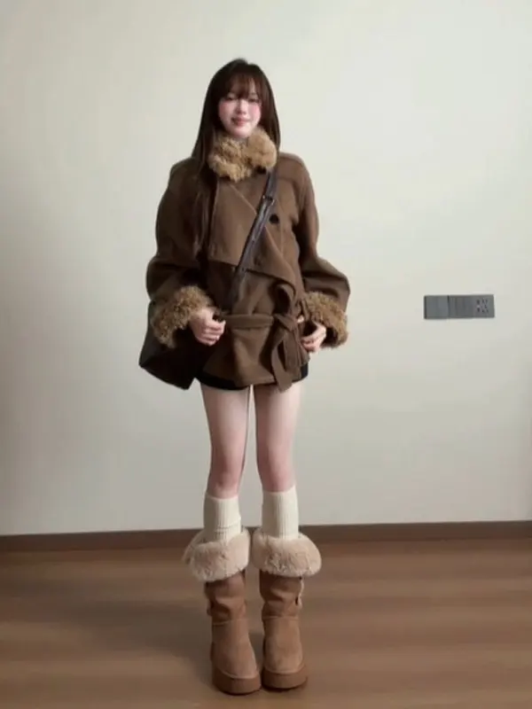 

Ретро-шерстяное пальто в стиле High Fashion с поясом, модное, индивидуальное, маленький размер, зимняя верхняя одежда, корейский стиль, свободный крой, длинное