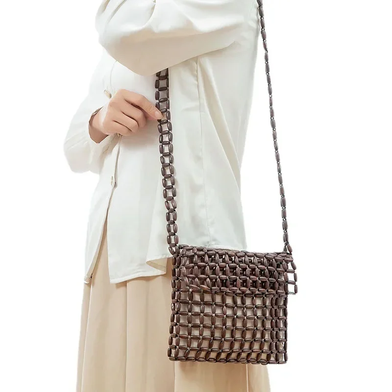 

Модные полые деревянные сумки на плечо с клапаном, дизайнерские сумки через плечо с бисером, сумка через плечо с широким ремешком, летние пляжные кошельки 2023, Бали