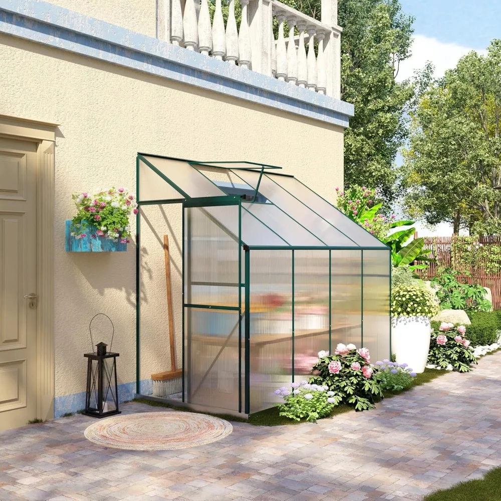 8' x 4' x 7' Hobby Greenhouse, Walk-in Lean-to Polycarbonate Hot House Kit with Aluminum Frame, Sliding Door, Roof Vent