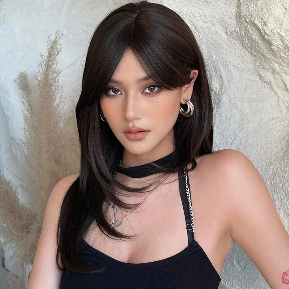 شعر مستعار اصطناعي طويل مستقيم مع رباط للنساء ، بني داكن وأسود ، شعر مقاوم للحرارة ، شعر أفريقي طبيعي ، شعر مستعار متعدد الطبقات للكوسبلاي والحفلات #2