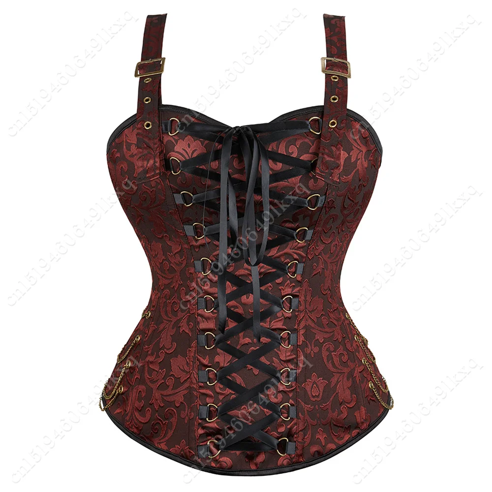 

Steampunk Corset Women Plus Size Pirate Brown Corset Jacquard Lace Up Front Corset with Straps Black Overbust Bustier Gothic