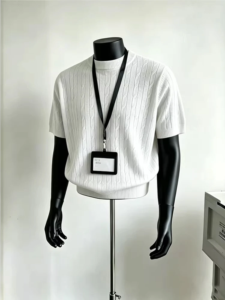 Khaki Knitted Short Sleeve Men's T-shirt Cleanfit Style Summer Fashion Heavyweight Casual Wear Straight Cut Loose Fit round Neck