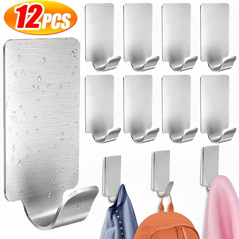 12/1PCS Self Adhesive Stainless Steel Hooks Heavy Duty Wall Hooks Hangers For Bathroom Towel Clothes Rack Kitchen Hook Wall Hook