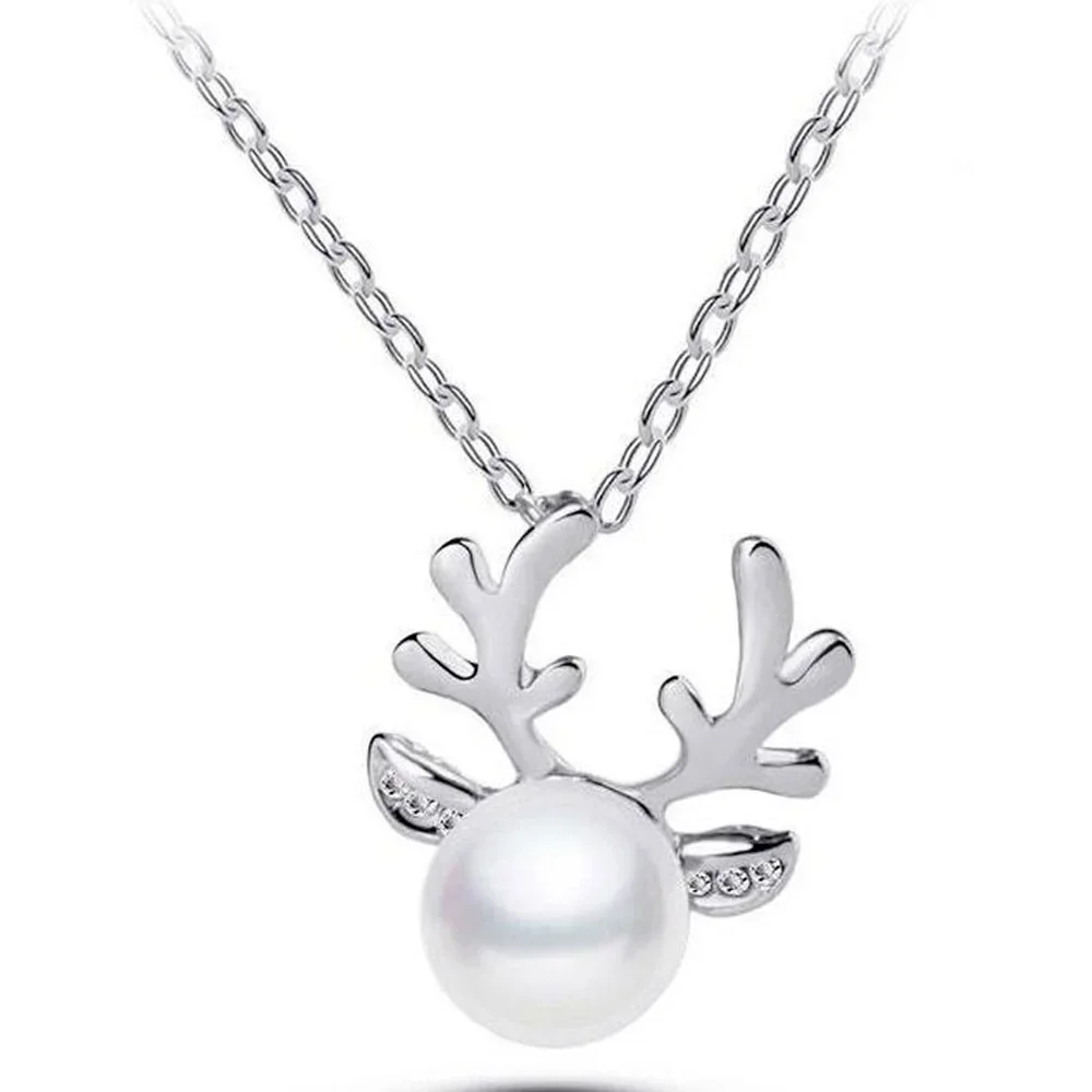 Christmas Reindeer Antlers Necklace Cute Deer Stag Pearl Chain Pendant Xmas Present Jewelry Accessories for Women