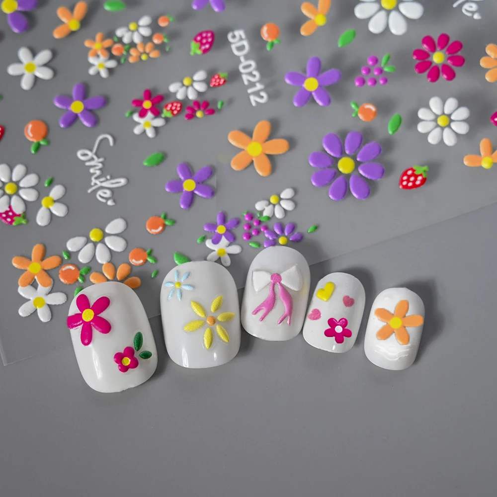 5D Embossed Colorful Daisy Nail Stickers Cute Daisy Florals Petals Summer Adhesive Nail Decals Flower Relief Art Manicure Decors