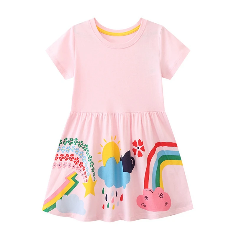 2-7 Years Baby Girls Dress Short Sleeve Rainbow Printed Clothes Children's Cotton Princess Dresses