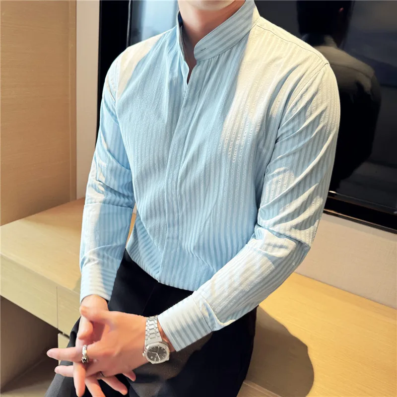 

Cotton Men Casual Shirt New Chinese Style Stand Collar Long Sleeve Shirt Men's Striped Dark Pattern Shirt Blue Male Clothes 2025