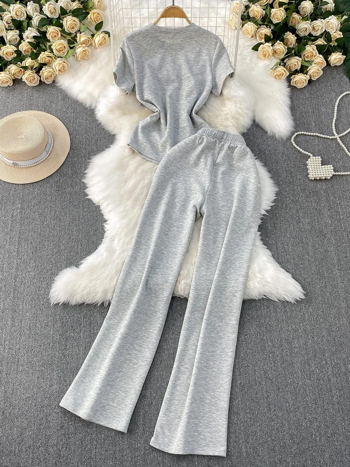 

Faionable Сращенный джинсовый ор Све Топ и прямые брюки с высокой талией и широкими штанинами Комплект из двух предметов с эффектом похудения Лето Ou...