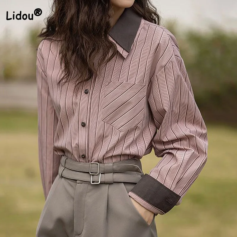 

Korean Striped Button Shirt Female Spring and Autumn New Vintage Turn-down Collar Loose Splicing Pockets Long Sleeve Blouse