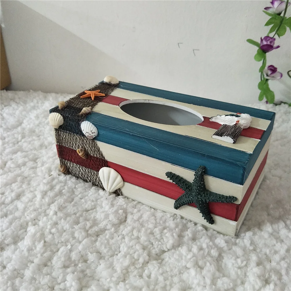 

1pc Mediterranean Style Decorative Tissue Box Wooden Craft Storage Organizer For Home Office Desktop Use Color Stripe