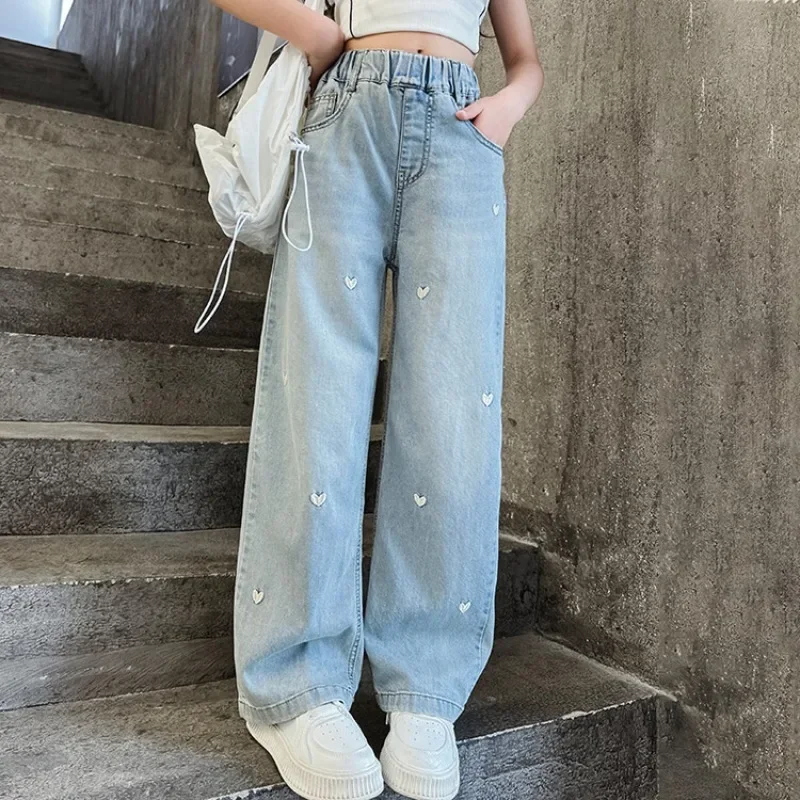 

New Girls Loose Wide-leg Jeans Trousers Children Heart Embroidery Straight Denim Pants Spring Autumn Casual Clothing 5-12 Years