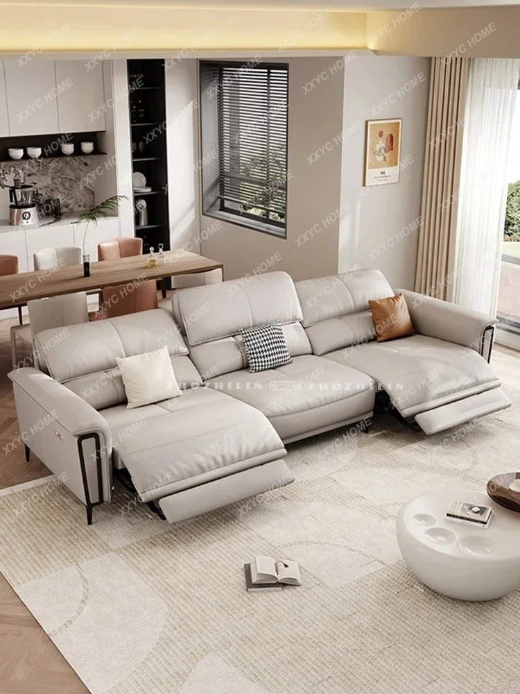 TTLeather Function Electric Retractable Sofa Adjustable Space Capsule Home Theater Living Room Straight Row Three-Seat Zero Wall