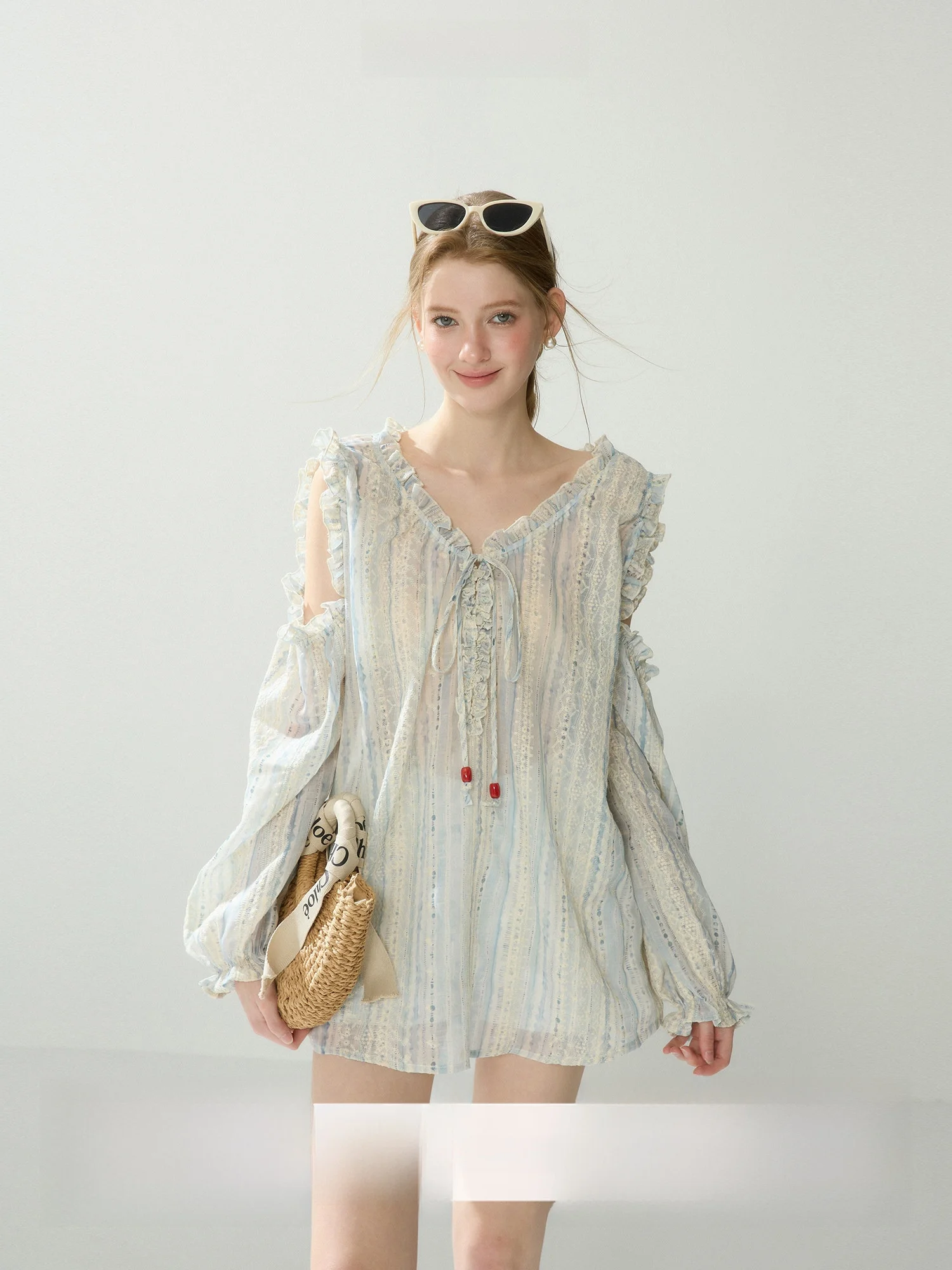 

Light Blue Shoulder Bared Shirt mid Length Summer Thin V Neck Long Sleeve Gored Design Casual Loose Fit Women's Shirt