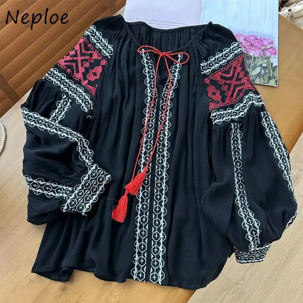 Babyoung casual o pescoço lanterna manga pesada colheita topo all-match vintage rendas até camisa bordado solto nova moda fresco blusas