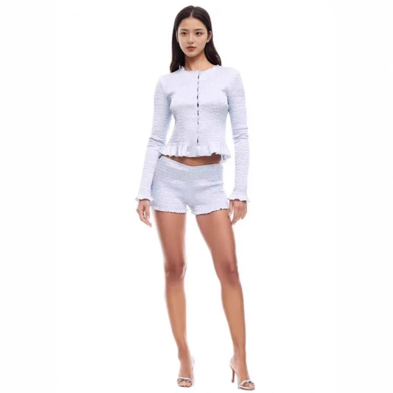 Lioness summer simple and fashionable round-neck long-sleeved shirt with pleated hem cardigan shirt top and shorts