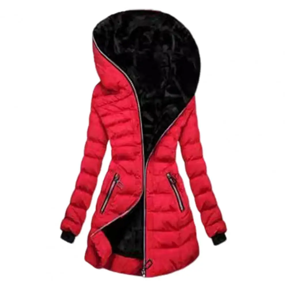 Winter Jacket Plush Lined Women's Winter Cotton Coat with Hood Elastic Cuffs Mid Length Down Jacket for Outdoor Activities Women