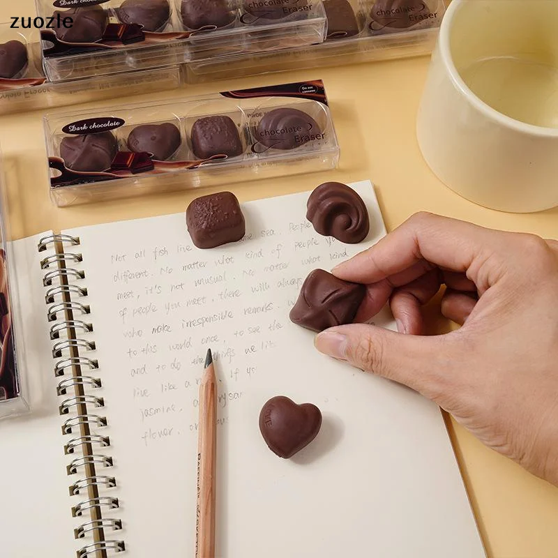 Pack Of 4 Creative Simulated Chocolate Erasers Kawaii Stationery Item, Perfect Student And Office Supplies, Great Gift Idea