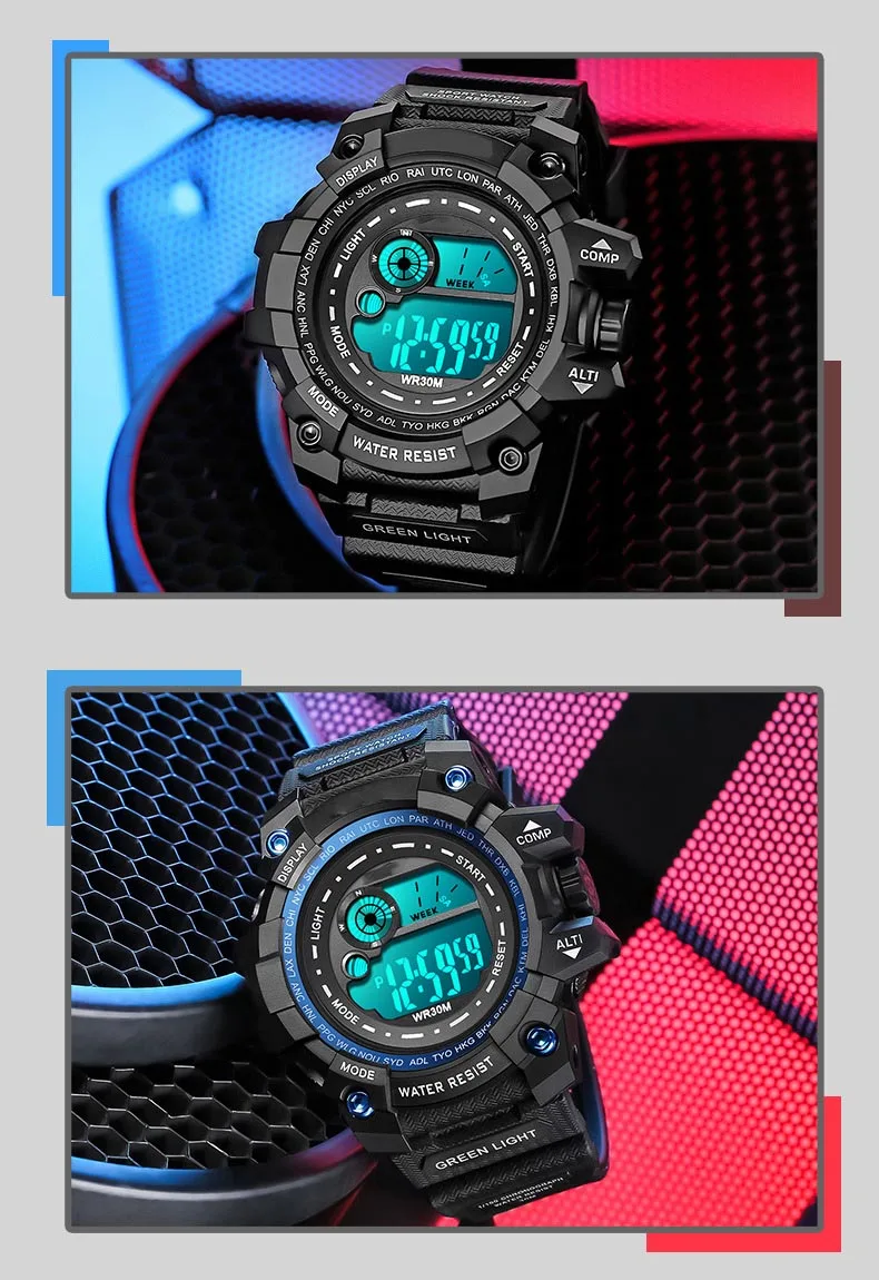 YIKAZE Digital Man Wristwatch Waterproof LED Display Luminous Chronograph Watch for Men Outdoor Sports Men's Electronic Watches