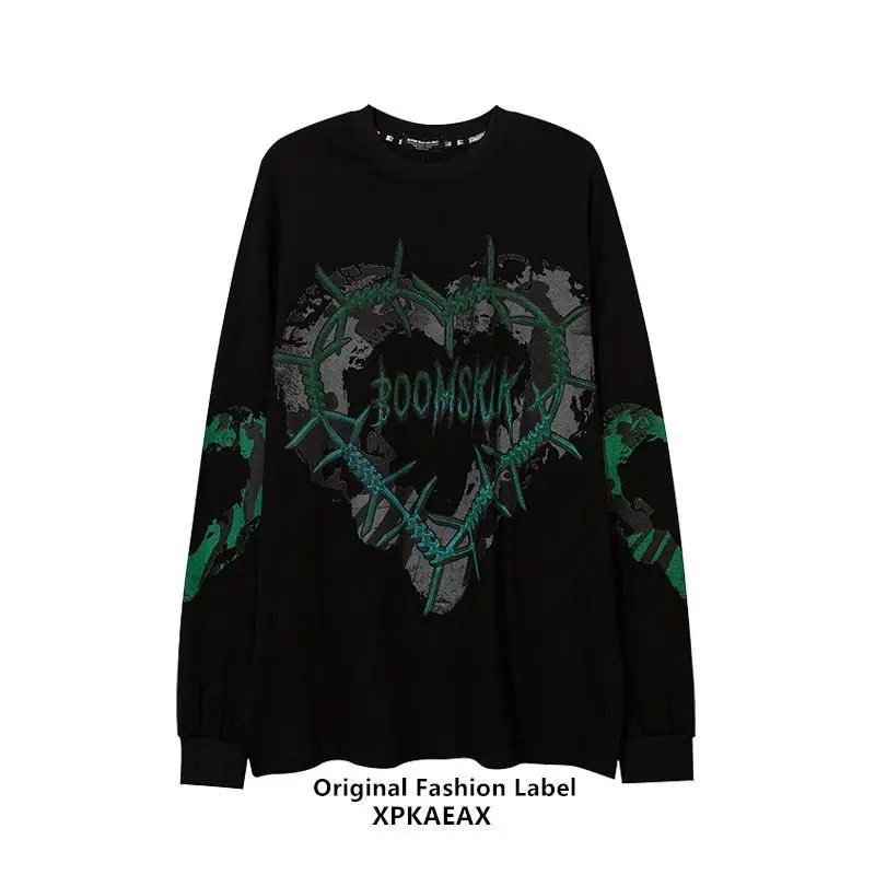 

Gothic Punk Green Print Long Sleeve T-shirts Women Grunge Oversize Harajuku Streetwear Hippie O-neck Black Top Pullover