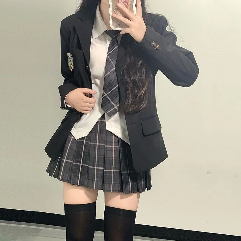 Black JK Blazer Uniform Set, Single Breasted Jacket with Badge, White Shirt, Plaid Tie, Grey Plaid Pleated Skirt, Preppy Outfit