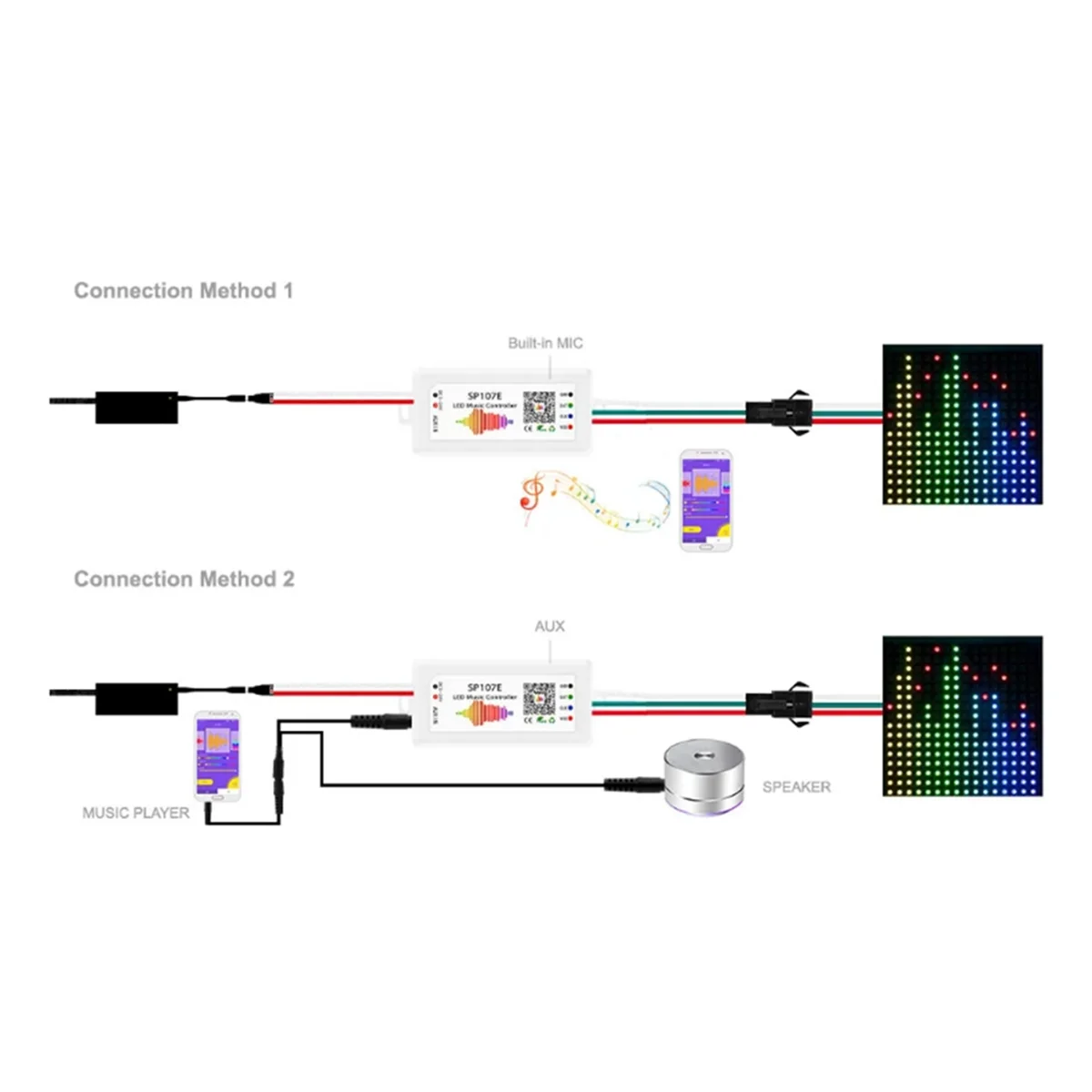 Controlador de música LED ABZV-SP107E DC5-24V con Control de música a todo Color SPI Compatible con Bluetooth inalámbrico por aplicación de teléfono