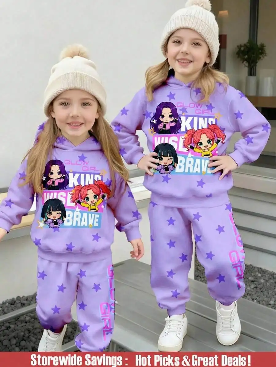 

Комплект из 2 предметов: фиолетовое худи с принтом звезд и спортивные брюки для девочек, повседневный удобный трикотажный спортивный костюм