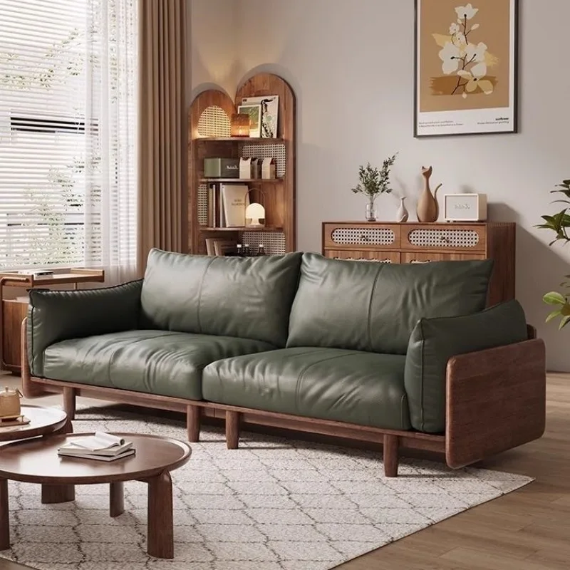 art sofa Italian simple solid wood leather sofa living room home log straight row sofa