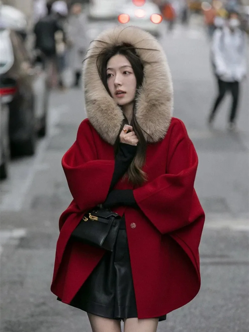 Red Double-faced Wool Cloak Coat Detachable Fur Hooded Overcoat Real Fox Fur Collar Warm Jacket Women's Winter Clothing 2024 New