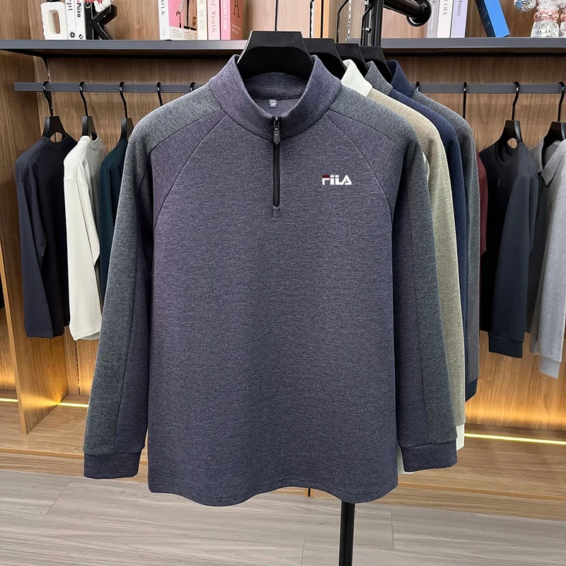 Trendiges T-Shirt mit halbem Reißverschluss und Stehkragen, bedruckt, Herbst-Winter, winddicht, warm, Farbblock-Design, langärmelig, Business-Casual-Herrenbekleidung – Detail 7