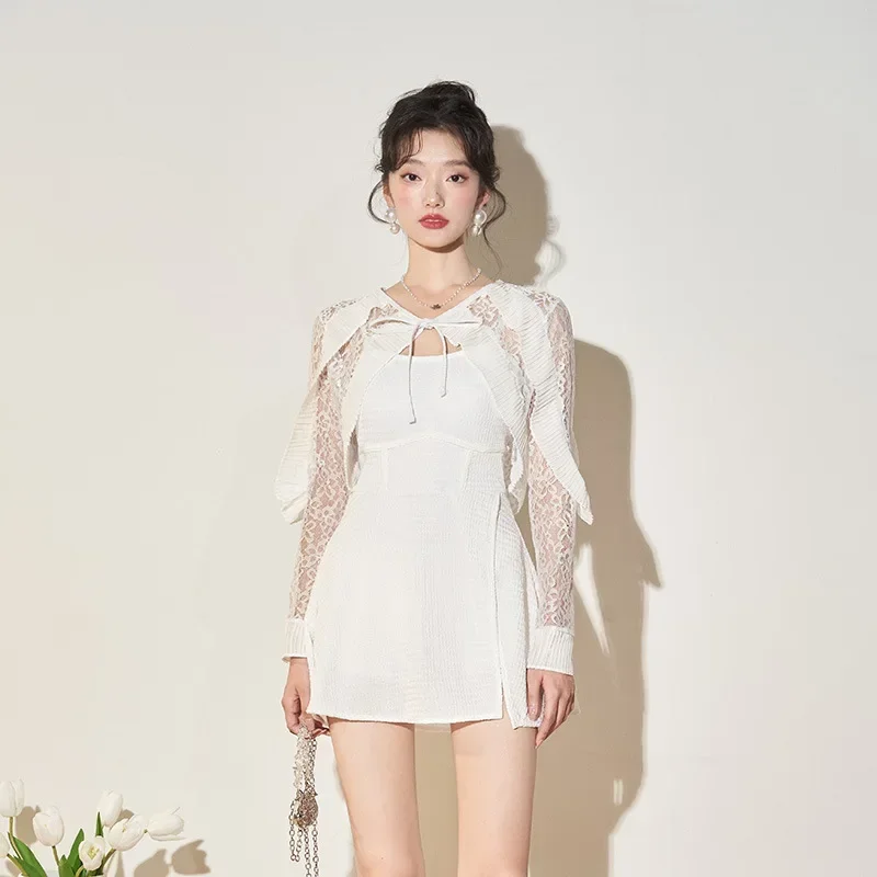 Korea Women's Two-piece Swimsuit New 2023 White Conservative Small Breast Coverup One-piece Skirt Style Hot Spring Swimwear