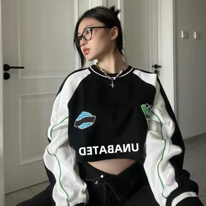 Fashion Streetwear Y2K Tops Round Neck Sweatshirt Women Spring and Autumn Korean Harajuku Letter Print Oversized Short Pullover