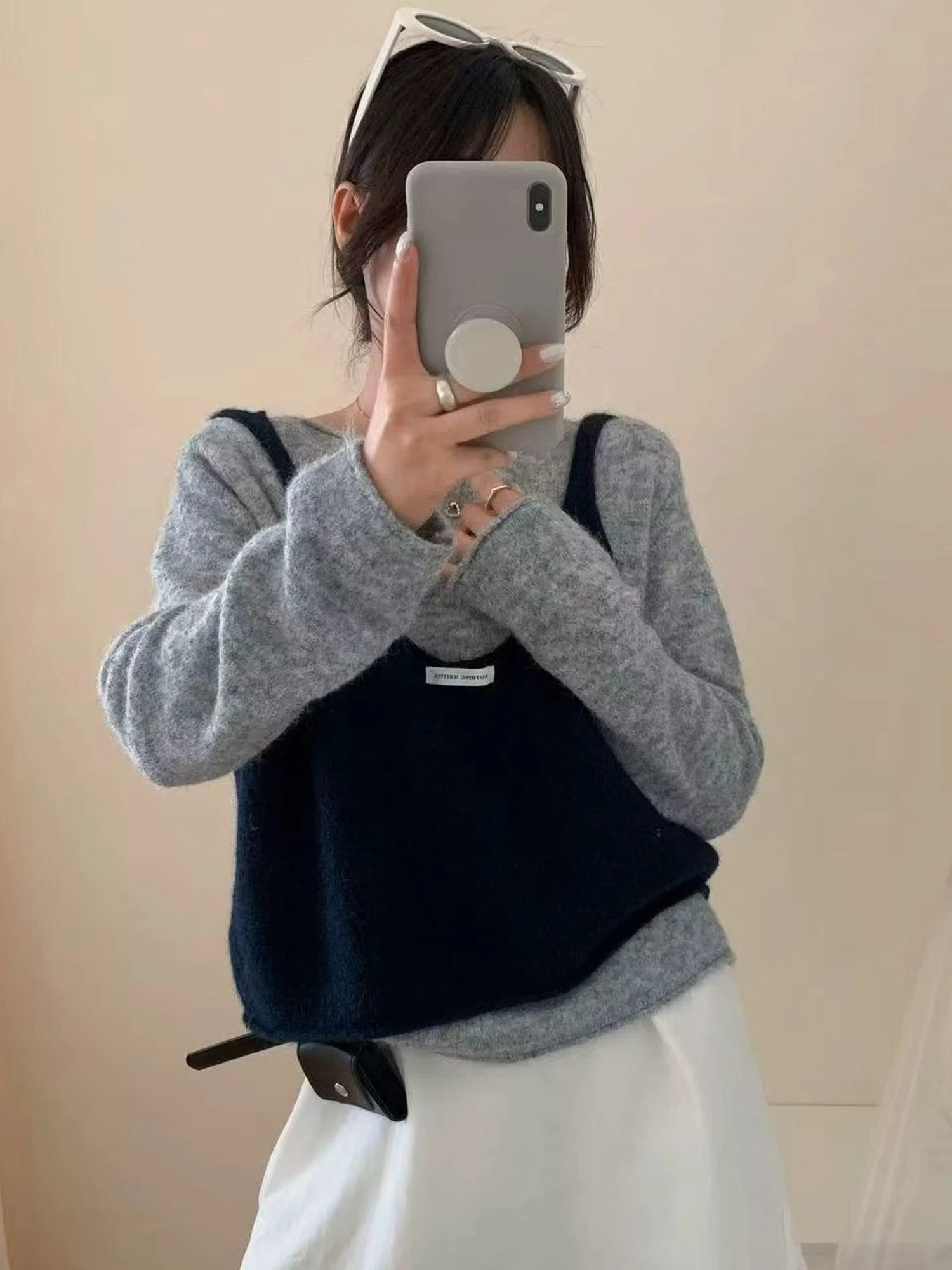 Korean Style Lazy Knitted Sweater Women's Layering Tank Top Color Block Two-Piece Set Spring Autumn Casual Soft Long Sleeve