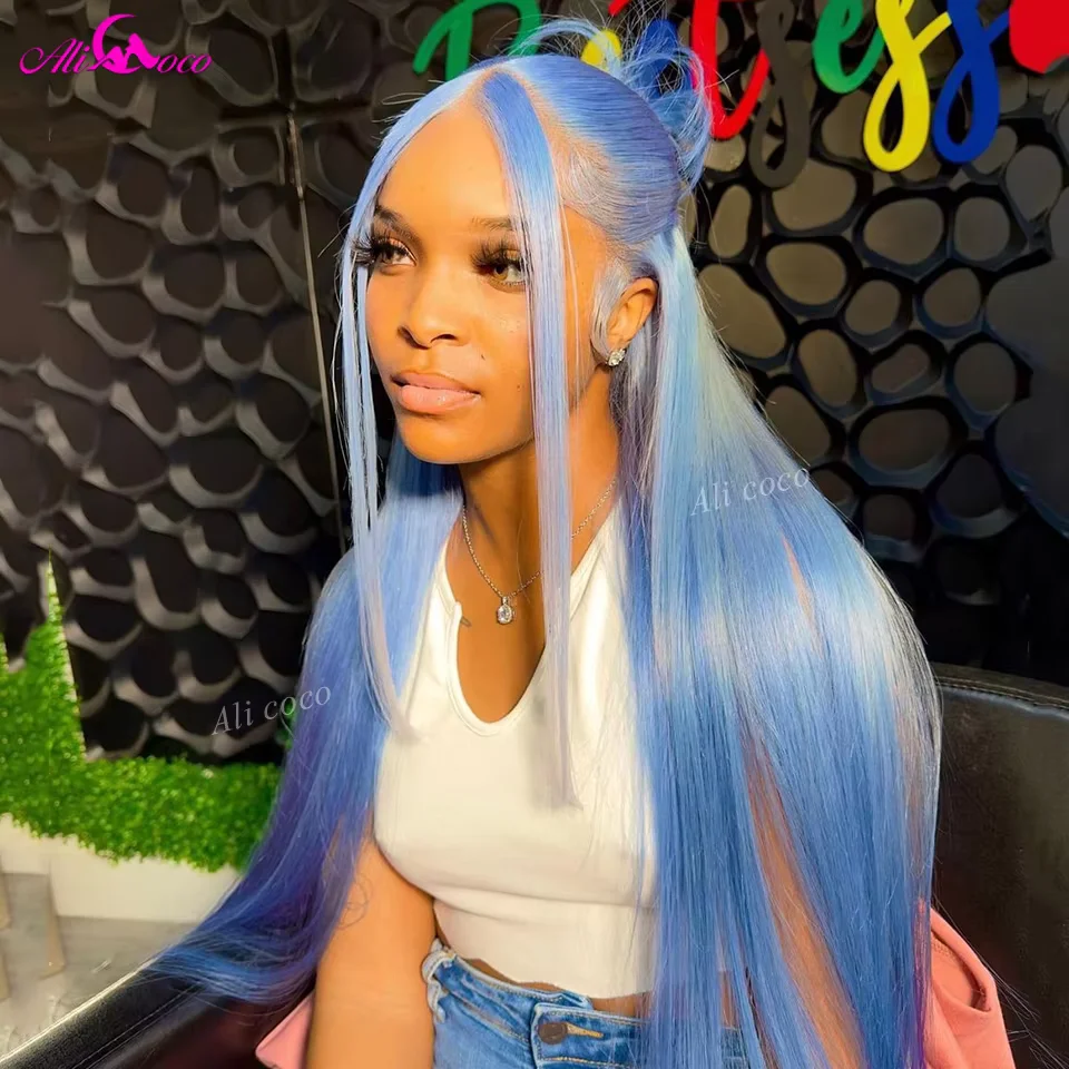Haze Blue Straight Human Hair Wigs For Women Light Blue Lace Front Human Hair Wig HD Lace Frontal Wig Transparent Lace Blue Wig